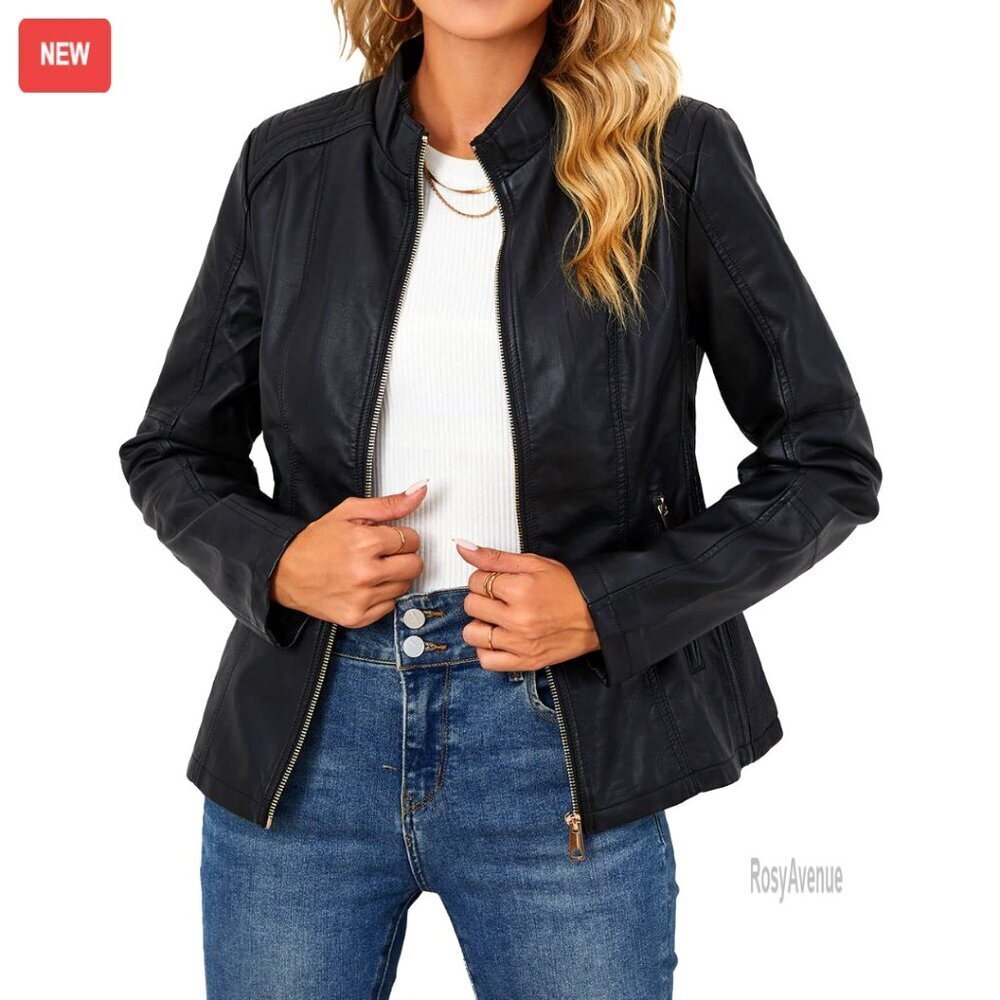 Faux Leather Motorcycle Jacket with Zipper and Pockets